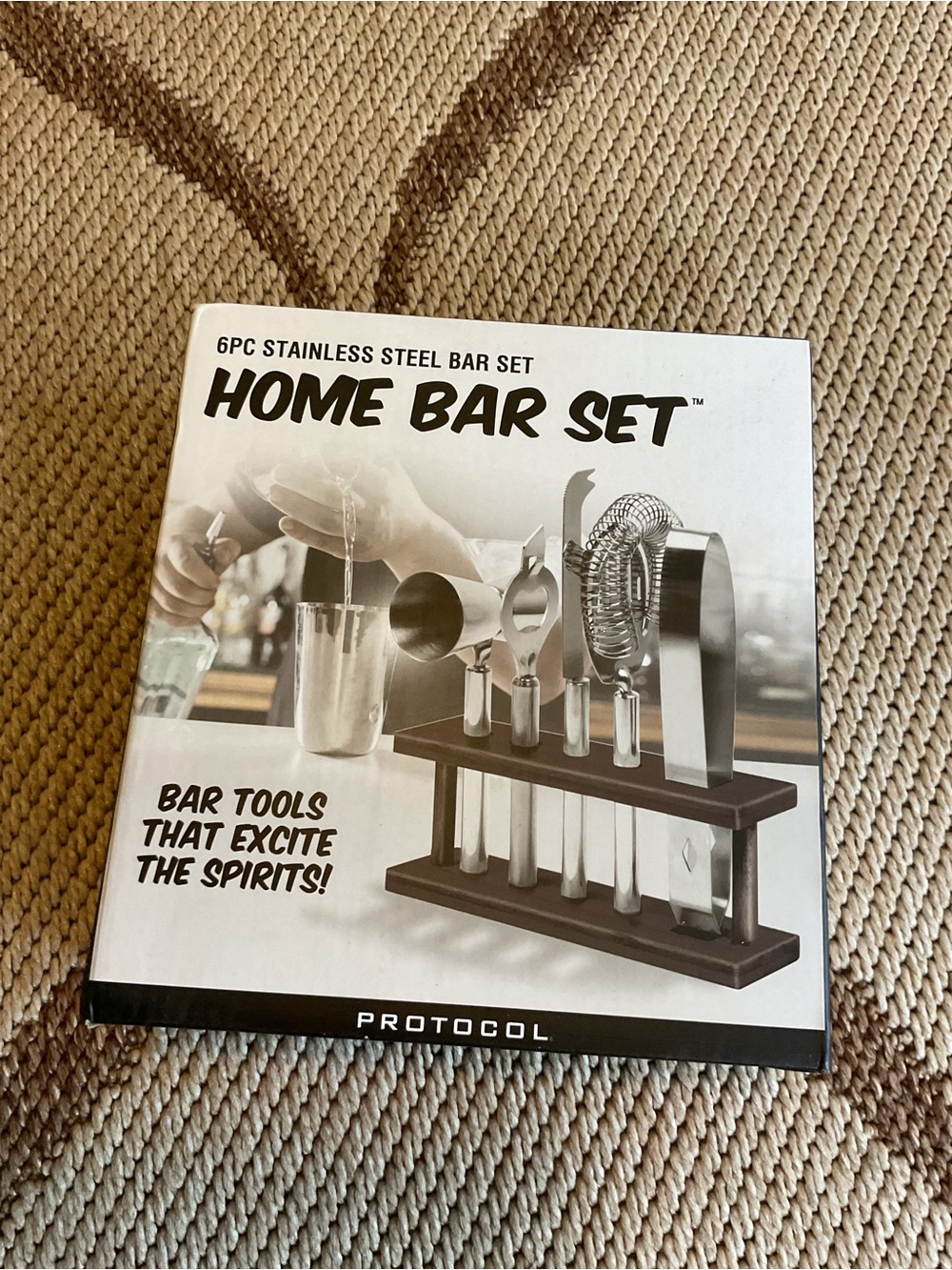 Protocols 6-Piece Stainless Steel Home Bar Set in Silver with Wood Stand